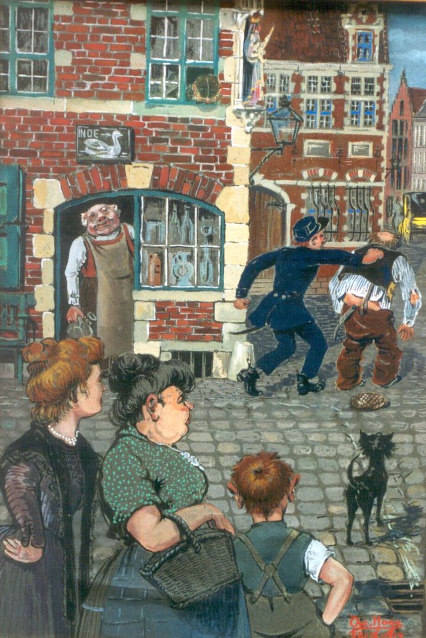 Hoge O.  | Oscar Hoge, Opgepakt door de politie, aquarel en gouache op board 42,8 x 29,8 cm, gesigneerd rechtsonder en gedateerd 28-12-1914