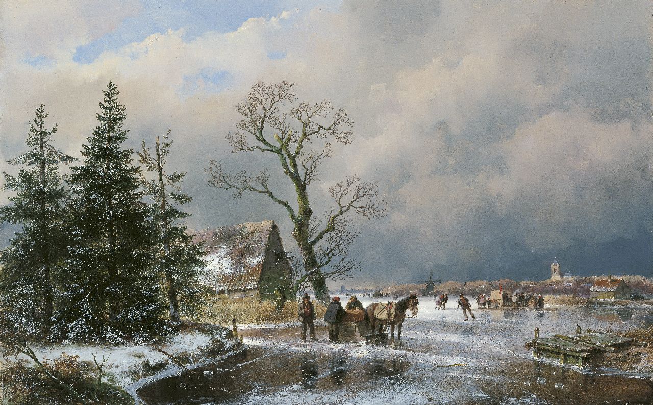 Schelfhout A. | Andreas Schelfhout, Schaatsvolk en trekslede op een bevroren vaart, olieverf op paneel 52,2 x 83,0 cm, gesigneerd rechtsonder en gedateerd 1869 Schelfhout A. | Andreas Schelfhout, Schaatsvolk en trekslede op een bevroren vaart, olieverf op paneel 52,2 x 83,0 cm, gesigneerd rechtsonder en gedateerd 1869
