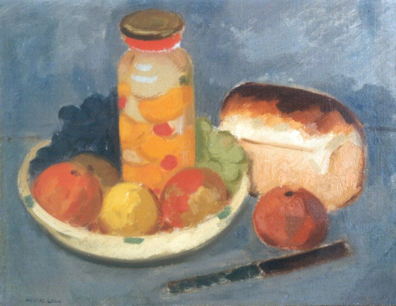 Maclean H.C. | Henrich Carl 'Henri' Maclean, Fruitstilleven met brood en mes, olieverf op doek 35,5 x 45,6 cm, gesigneerd linksonder Maclean H.C. | Henrich Carl 'Henri' Maclean, Fruitstilleven met brood en mes, olieverf op doek 35,5 x 45,6 cm, gesigneerd linksonder