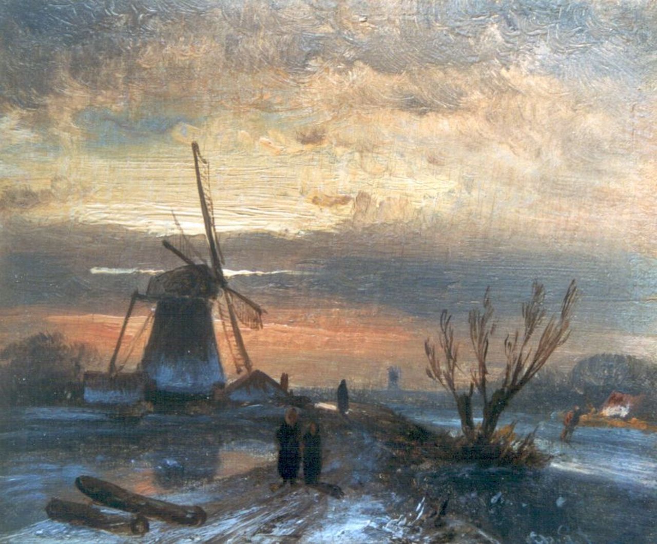 Leickert C.H.J. | 'Charles' Henri Joseph Leickert, Molen aan winterse vaart bij avond, olieverf op paneel 9,2 x 11,0 cm, gesigneerd rechtsonder met initialen Leickert C.H.J. | 'Charles' Henri Joseph Leickert, Molen aan winterse vaart bij avond, olieverf op paneel 9,2 x 11,0 cm, gesigneerd rechtsonder met initialen