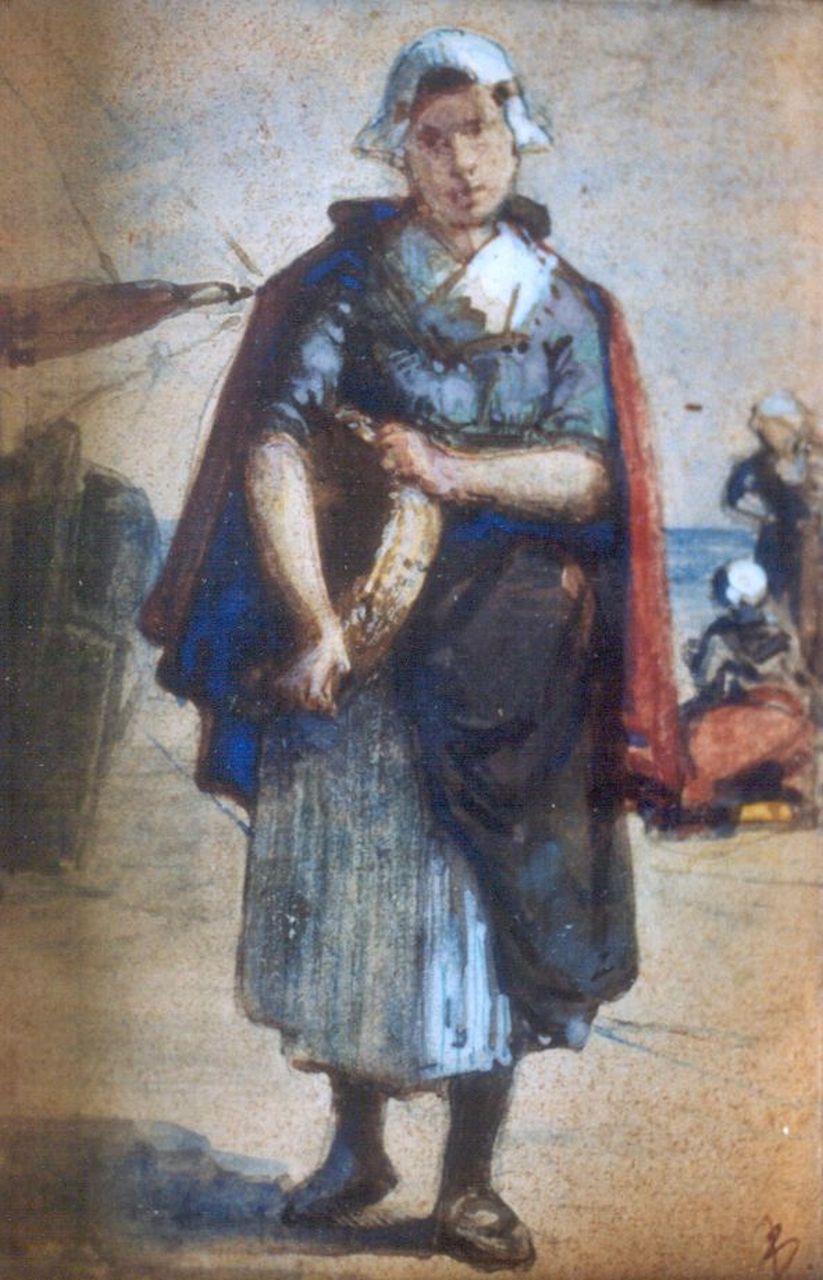 Blommers B.J.  | Bernardus Johannes 'Bernard' Blommers, Visverkoopster op het strand, aquarel en gouache op papier 9,2 x 6,5 cm, gesigneerd rechtsonder met initialen