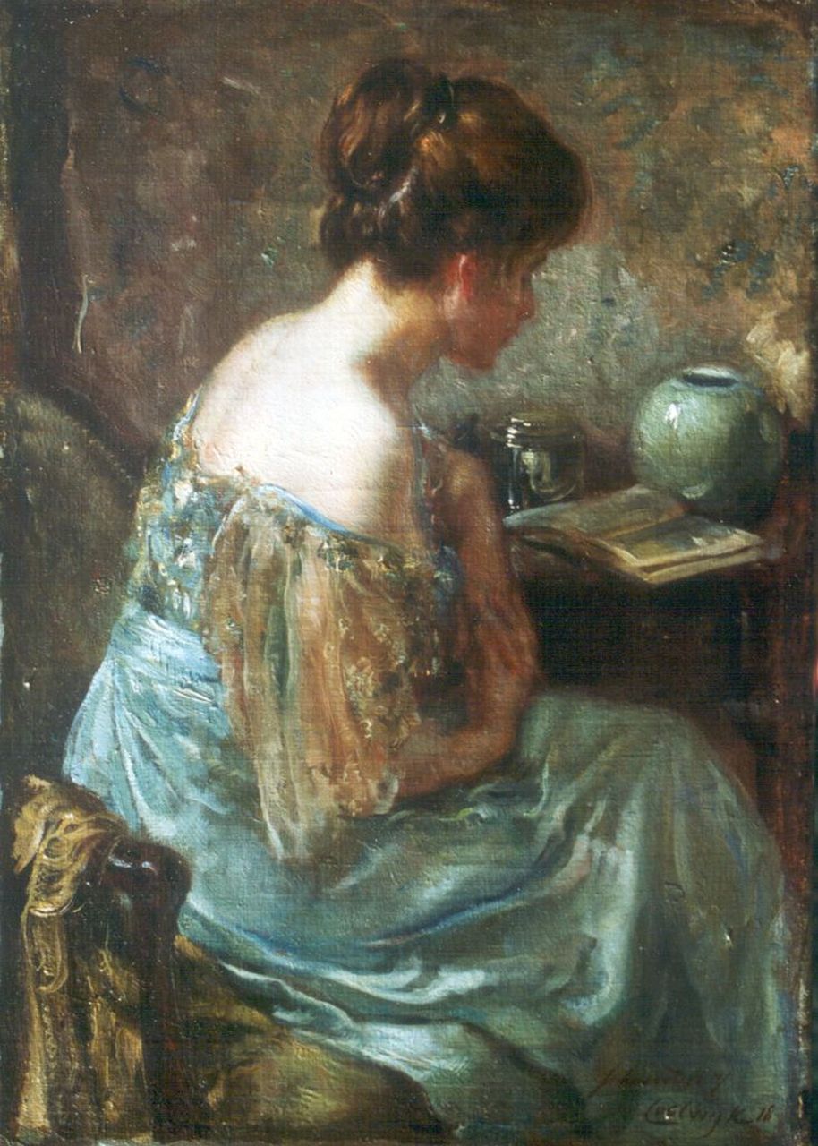 Schreuder van de Coolwijk J.H.W.M. | 'Jan' Hendrik Willem Maurits Schreuder van de Coolwijk, Lezende vrouw, olieverf op doek 35,7 x 25,0 cm, gesigneerd rechtsonder en gedateerd '18 Schreuder van de Coolwijk J.H.W.M. | 'Jan' Hendrik Willem Maurits Schreuder van de Coolwijk, Lezende vrouw, olieverf op doek 35,7 x 25,0 cm, gesigneerd rechtsonder en gedateerd '18