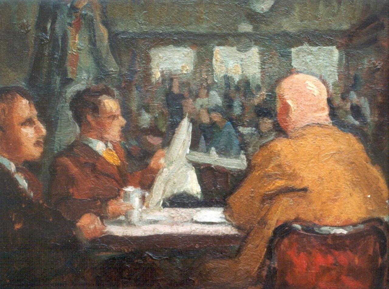Belgische School, eerste helft 20e eeuw   | Belgische School, eerste helft 20e eeuw, In het café, olieverf op karton 27,0 x 35,1 cm