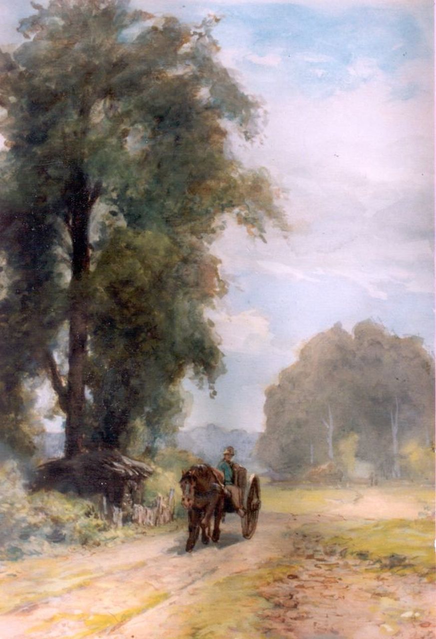 Schipperus P.A. | Pieter Adrianus 'Piet' Schipperus, Paard en wagen op een landweg, aquarel op papier 33,5 x 22,5 cm, gesigneerd linksonder Schipperus P.A. | Pieter Adrianus 'Piet' Schipperus, Paard en wagen op een landweg, aquarel op papier 33,5 x 22,5 cm, gesigneerd linksonder