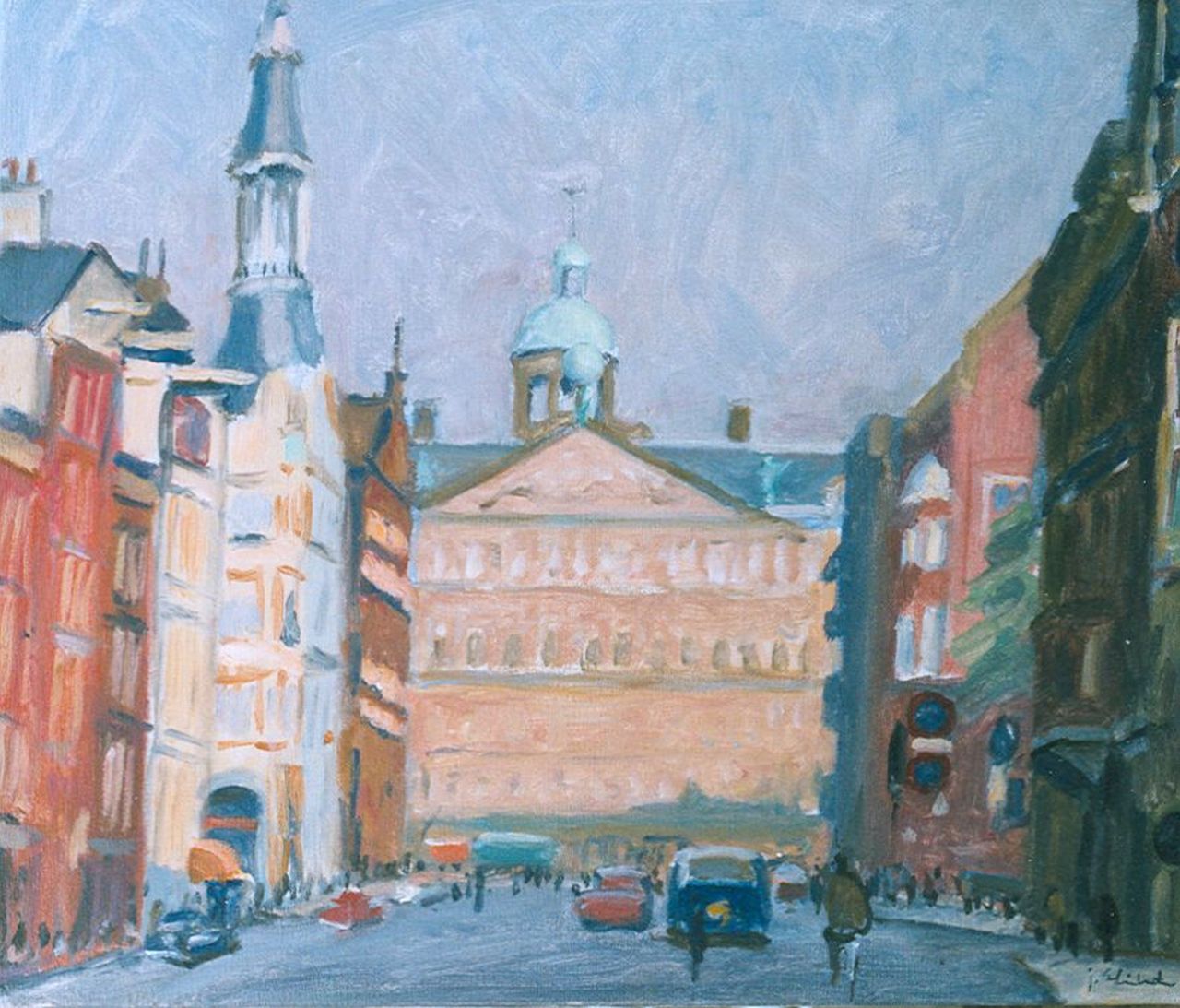 Stierhout J.A.U.  | Josephus Antonius Ubaldus 'Joop' Stierhout, Raadhuisstraat met het Paleis op de Dam, Amsterdam, olieverf op doek 50,2 x 60,2 cm, gesigneerd rechtsonder