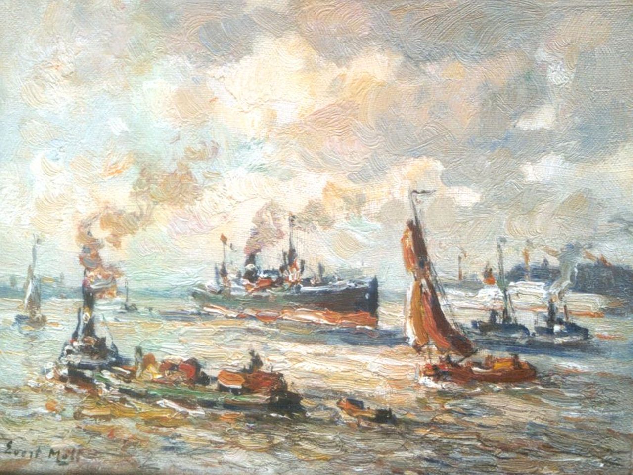 Moll E. | Evert Moll, Schepen in de haven van Rotterdam, olieverf op doek 19,3 x 25,4 cm, gesigneerd linksonder Moll E. | Evert Moll, Schepen in de haven van Rotterdam, olieverf op doek 19,3 x 25,4 cm, gesigneerd linksonder