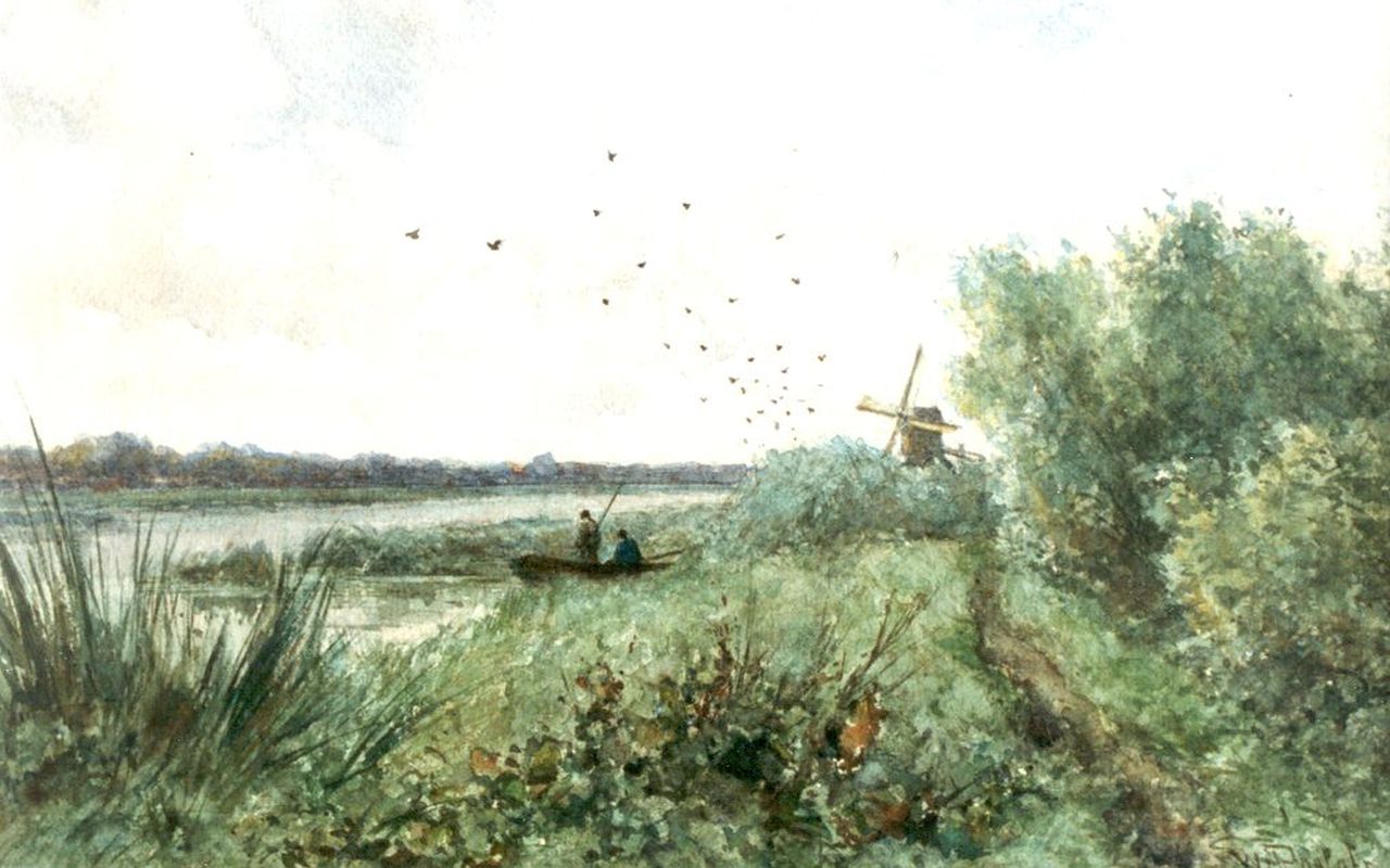 Roelofs W. | Willem Roelofs, Vissers bij een riviertje, aquarel op papier 21,2 x 33,2 cm, gesigneerd rechtsonder Roelofs W. | Willem Roelofs, Vissers bij een riviertje, aquarel op papier 21,2 x 33,2 cm, gesigneerd rechtsonder