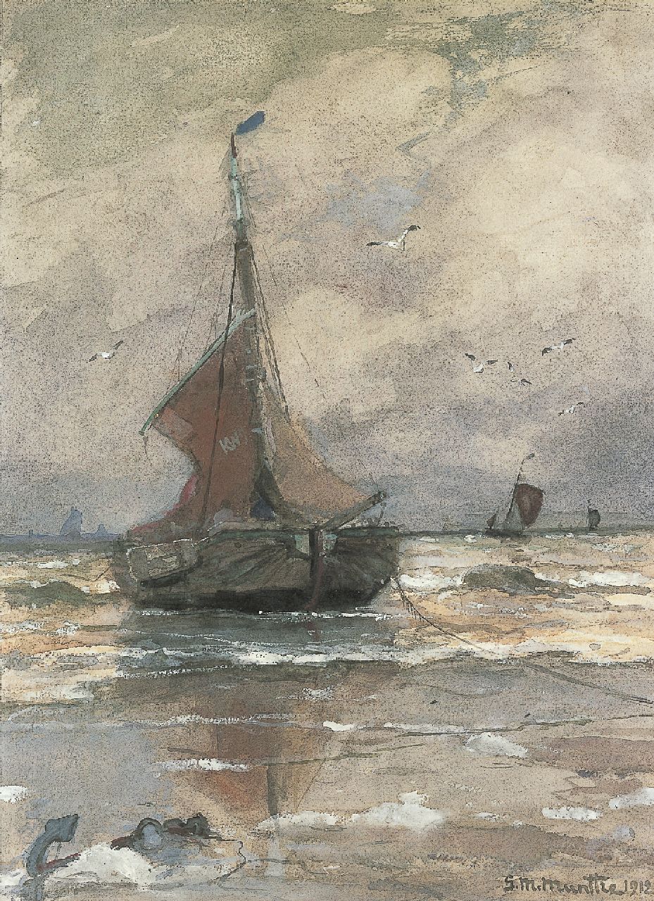 Munthe G.A.L.  | Gerhard Arij Ludwig 'Morgenstjerne' Munthe, Bomschuit voor anker in de branding, Katwijk, aquarel op papier 38,0 x 28,0 cm, gesigneerd rechtsonder en gedateerd 1912