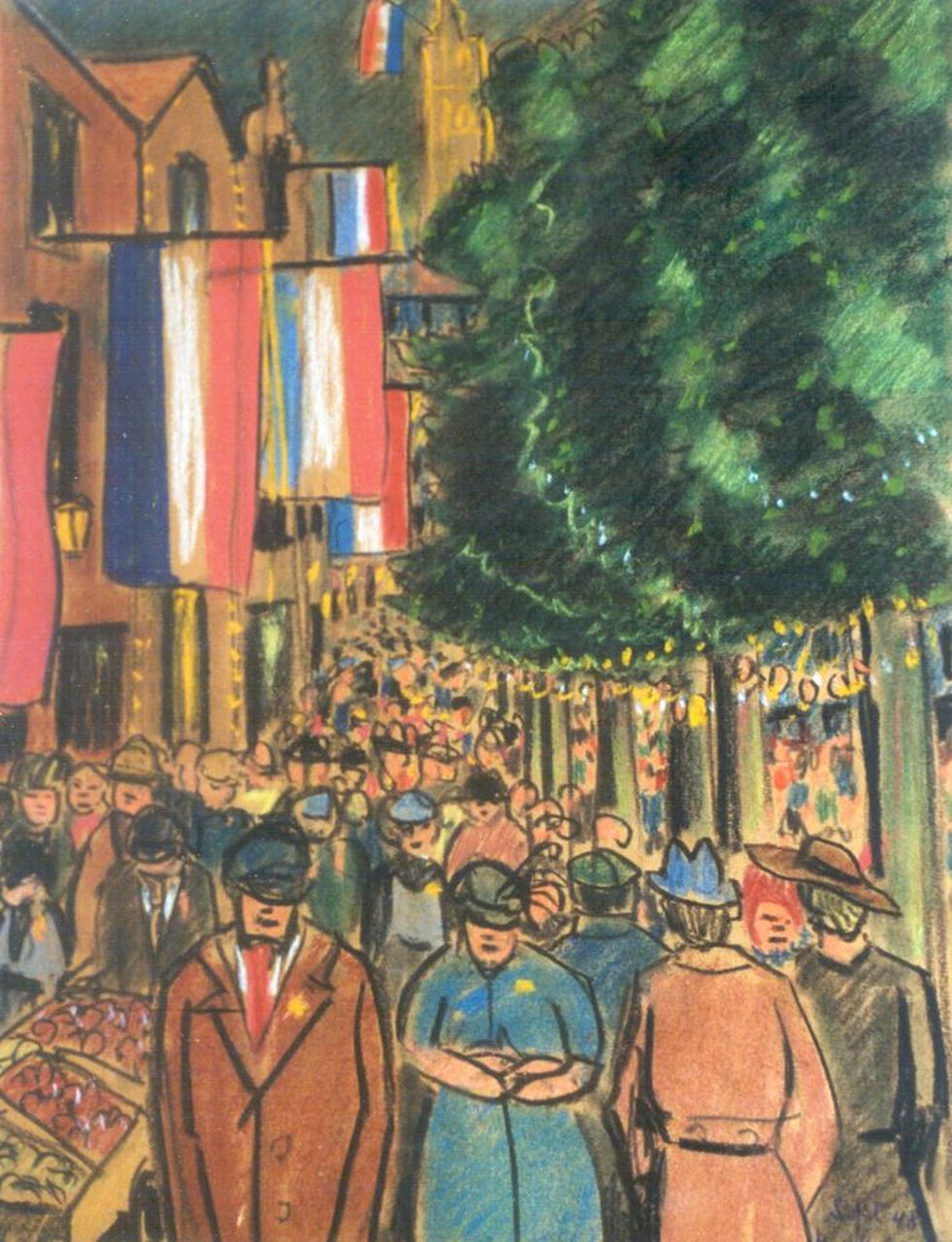 Lokhorst W.F. | Willem Frederik 'Bob' Lokhorst, Kroningsfeest Amsterdam, 1948, gekleurd krijt op papier 32,4 x 24,9 cm, gesigneerd rechtsonder en gedateerd sept. '48 Lokhorst W.F. | Willem Frederik 'Bob' Lokhorst, Kroningsfeest Amsterdam, 1948, gekleurd krijt op papier 32,4 x 24,9 cm, gesigneerd rechtsonder en gedateerd sept. '48