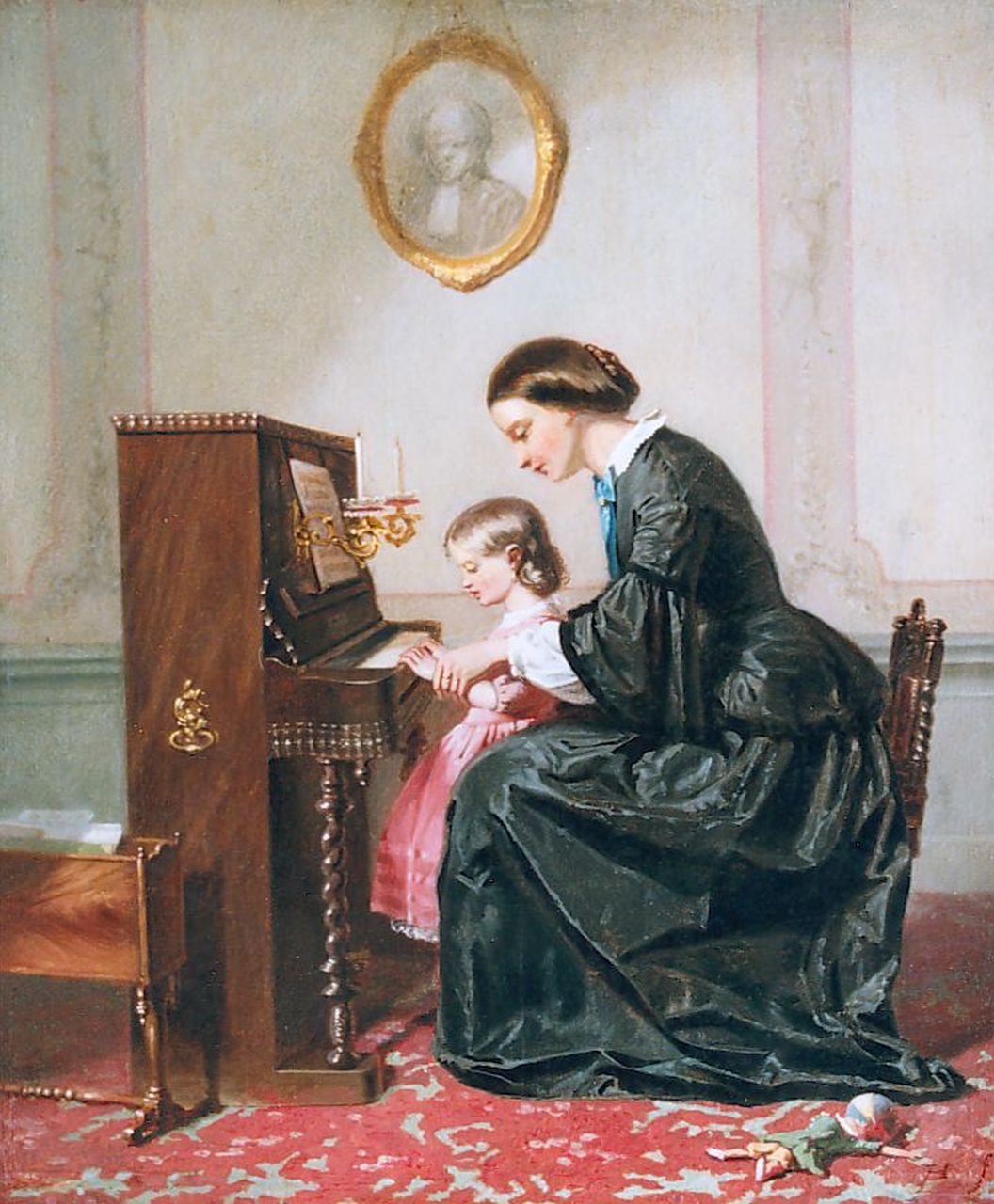 Hoevenaar J. | Jozef Hoevenaar, De eerste pianoles, olieverf op paneel 29,8 x 24,9 cm, gesigneerd met monogram rechtsonder Hoevenaar J. | Jozef Hoevenaar, De eerste pianoles, olieverf op paneel 29,8 x 24,9 cm, gesigneerd met monogram rechtsonder