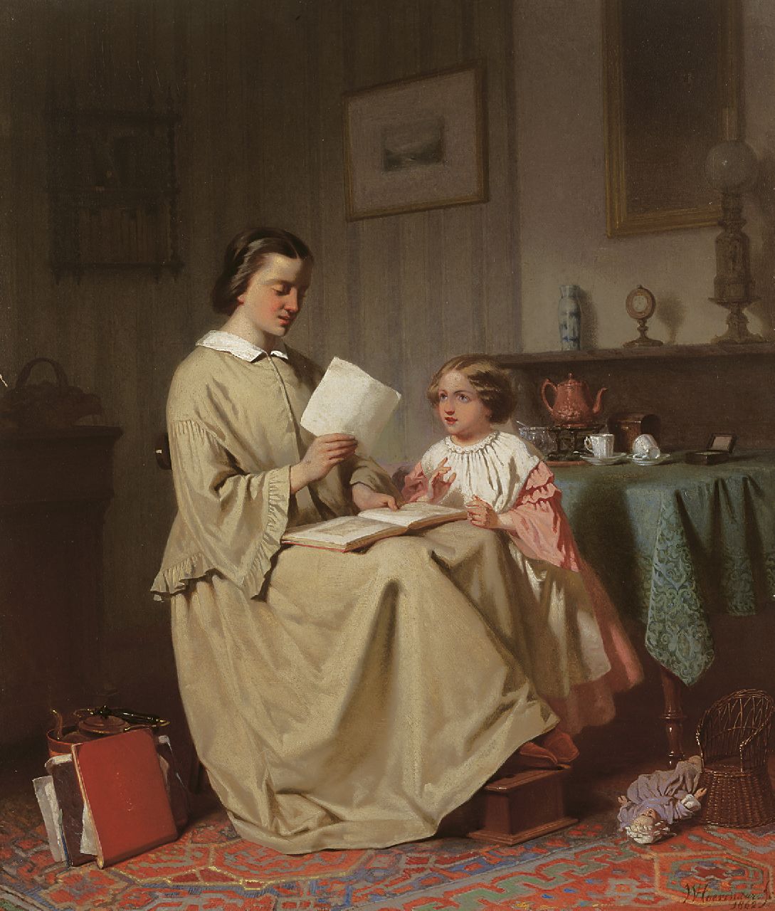 Hoevenaar W.P. | Willem Pieter Hoevenaar, Moeder leest voor, olieverf op paneel 54,6 x 46,3 cm, gesigneerd rechtsonder en gedateerd 1862 Hoevenaar W.P. | Willem Pieter Hoevenaar, Moeder leest voor, olieverf op paneel 54,6 x 46,3 cm, gesigneerd rechtsonder en gedateerd 1862