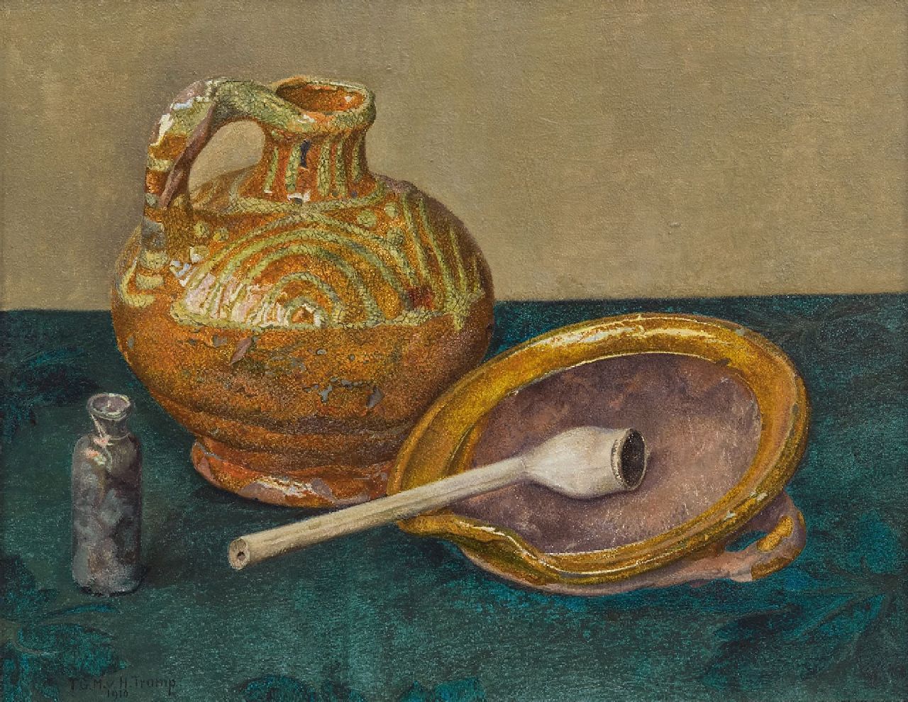 Hettinga Tromp T.G.M. van | Tjitske Geertruida Maria van Hettinga Tromp | Schilderijen te koop aangeboden | Stilleven met aardewerken kruik, schaal en pijp, olieverf op paneel 21,5 x 27,1 cm, gesigneerd linksonder en gedateerd 1910 Hettinga Tromp T.G.M. van | Tjitske Geertruida Maria van Hettinga Tromp | Schilderijen te koop aangeboden | Stilleven met aardewerken kruik, schaal en pijp, olieverf op paneel 21,5 x 27,1 cm, gesigneerd linksonder en gedateerd 1910