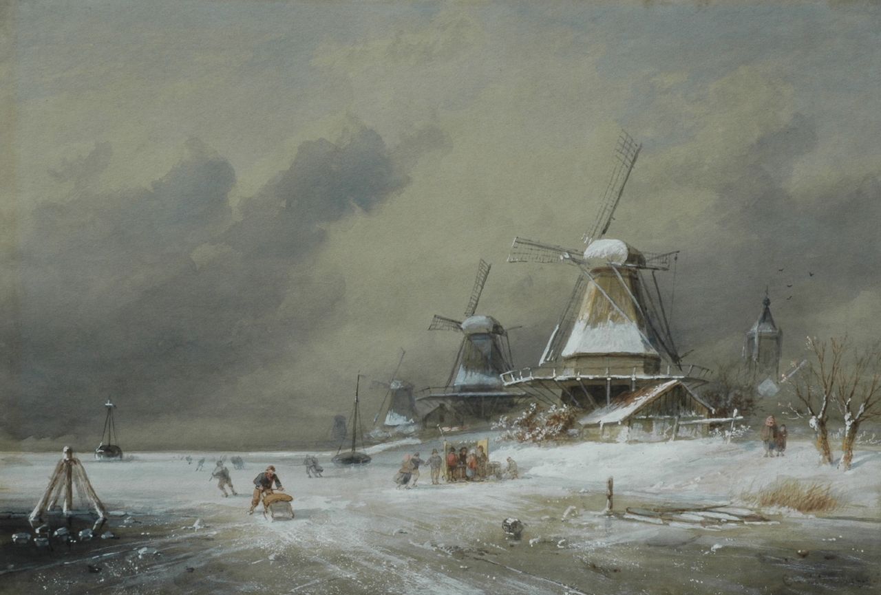 Leickert C.H.J.  | 'Charles' Henri Joseph Leickert, IJsvertier bij molens, aquarel op papier 35,8 x 48,8 cm, gesigneerd rechtsonder en gedateerd '95