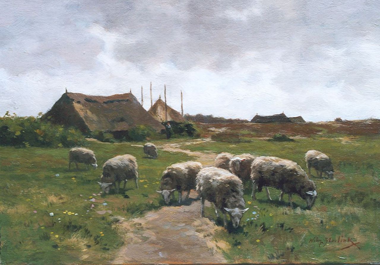 Steelink jr. W. | Willem Steelink jr., Grazende schapen aan de rand van de hei, olieverf op doek 26,6 x 38,0 cm, gesigneerd rechtsonder Steelink jr. W. | Willem Steelink jr., Grazende schapen aan de rand van de hei, olieverf op doek 26,6 x 38,0 cm, gesigneerd rechtsonder