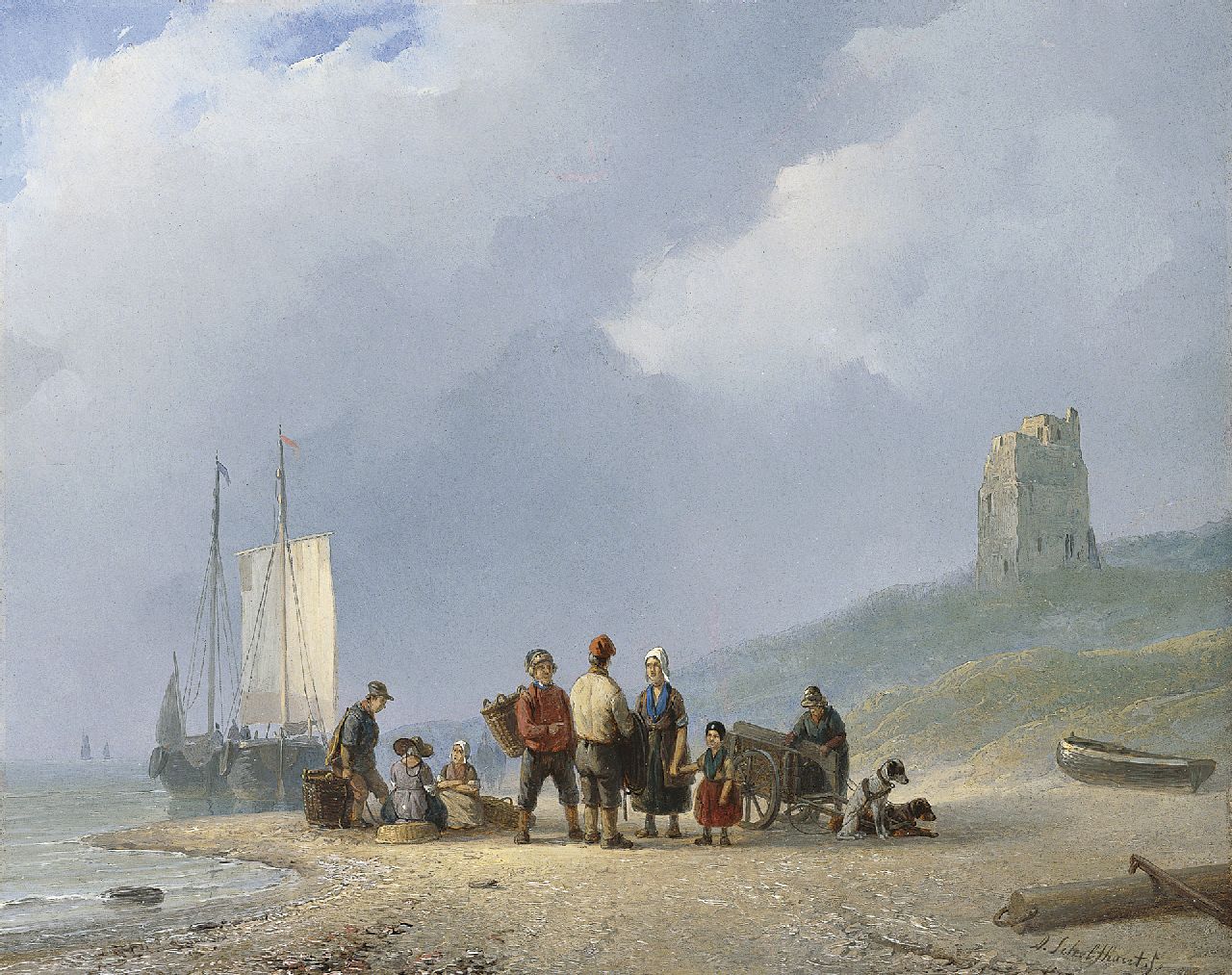 Schelfhout A. | Andreas Schelfhout, Na de visvangst, olieverf op schilderskarton 22,8 x 28,0 cm, gesigneerd rechtsonder en te dateren 1825-1831 Schelfhout A. | Andreas Schelfhout, Na de visvangst, olieverf op schilderskarton 22,8 x 28,0 cm, gesigneerd rechtsonder en te dateren 1825-1831