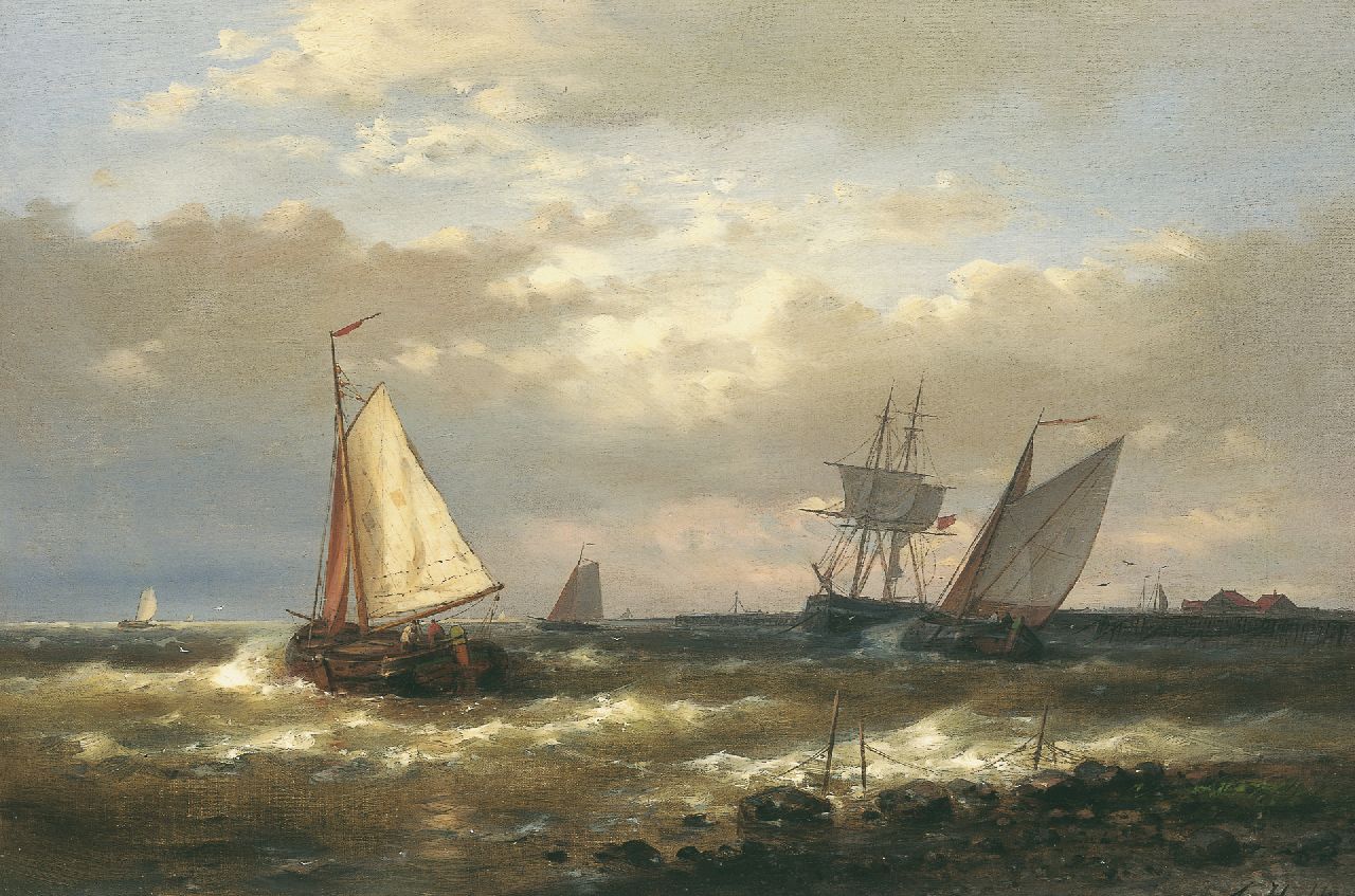 Hulk A.  | Abraham Hulk, Laverende zeilschepen bij een havenmond, olieverf op doek op paneel 40,4 x 60,7 cm, gesigneerd rechtsonder