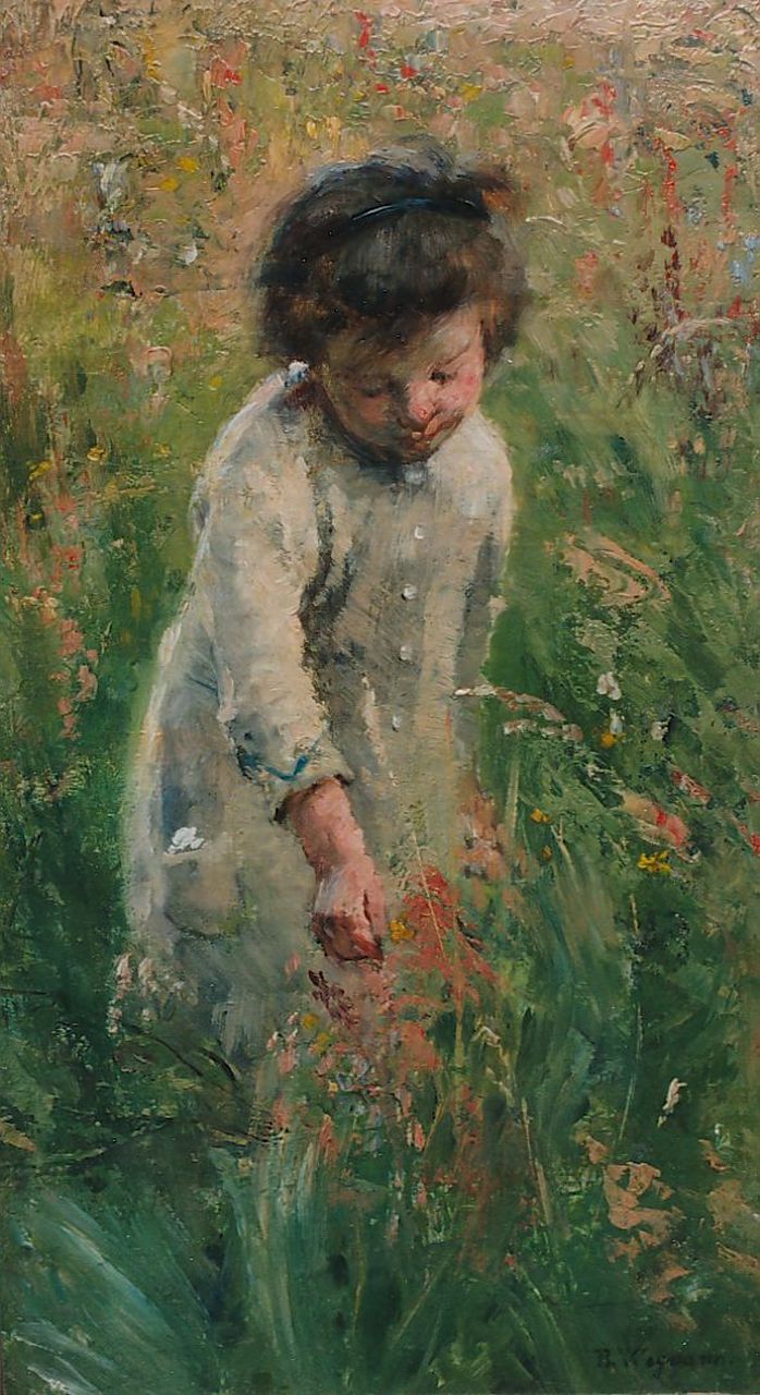 Wegman B.  | Bertha Wegman, Het bloemenplukstertje, olieverf op doek 37,6 x 21,3 cm, gesigneerd rechtsonder