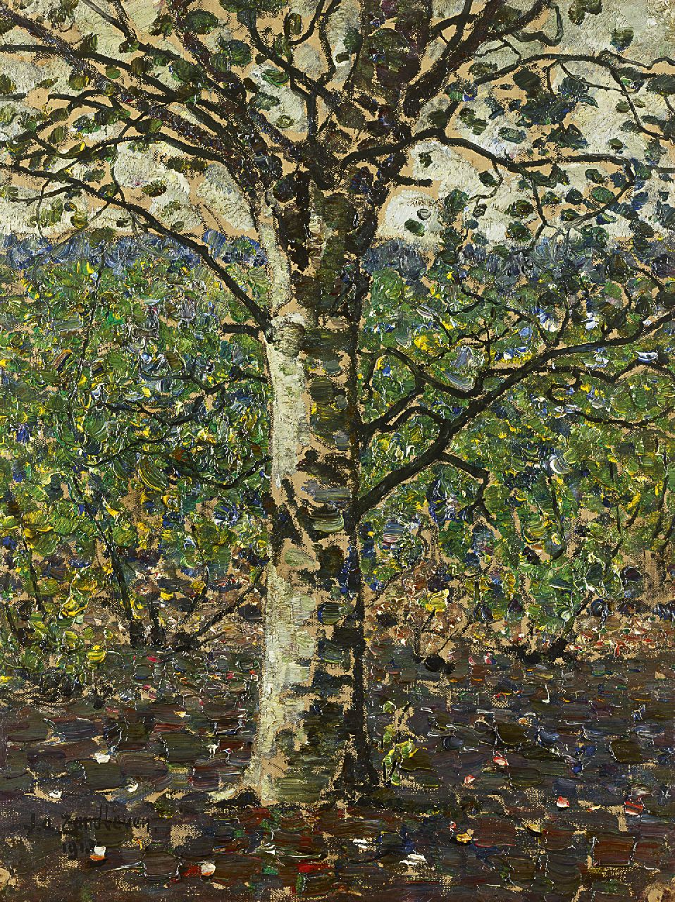 Zandleven J.A. | Jan Adam Zandleven, Bosgezicht met berk, olieverf op doek op board 38,5 x 29,5 cm, gesigneerd linksonder en gedateerd 1915 Zandleven J.A. | Jan Adam Zandleven, Bosgezicht met berk, olieverf op doek op board 38,5 x 29,5 cm, gesigneerd linksonder en gedateerd 1915