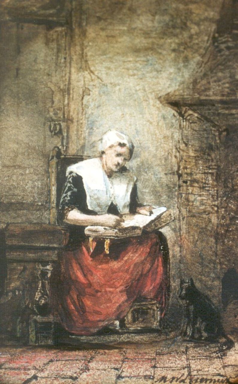 Liernur M.W. | Martinus Wilhelmus Liernur, Bijbellezende vrouw, aquarel op papier 10,3 x 6,8 cm, gesigneerd rechtsonder en gedateerd 1853 Liernur M.W. | Martinus Wilhelmus Liernur, Bijbellezende vrouw, aquarel op papier 10,3 x 6,8 cm, gesigneerd rechtsonder en gedateerd 1853