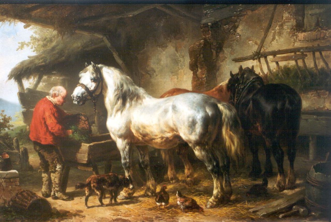 Verschuur W. | Wouterus Verschuur, Paarden bij de trog, olieverf op paneel 27,3 x 40,2 cm, gesigneerd linksonder Verschuur W. | Wouterus Verschuur, Paarden bij de trog, olieverf op paneel 27,3 x 40,2 cm, gesigneerd linksonder