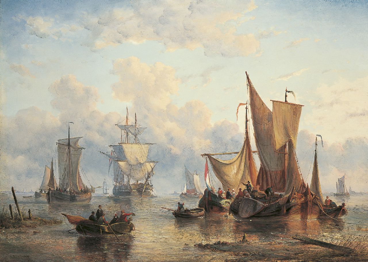 Opdenhoff G.W. | Witzel 'George Willem' Opdenhoff, Afgemeerde platbodems bij haveningang, olieverf op doek 70,8 x 97,9 cm, gesigneerd linksonder Opdenhoff G.W. | Witzel 'George Willem' Opdenhoff, Afgemeerde platbodems bij haveningang, olieverf op doek 70,8 x 97,9 cm, gesigneerd linksonder