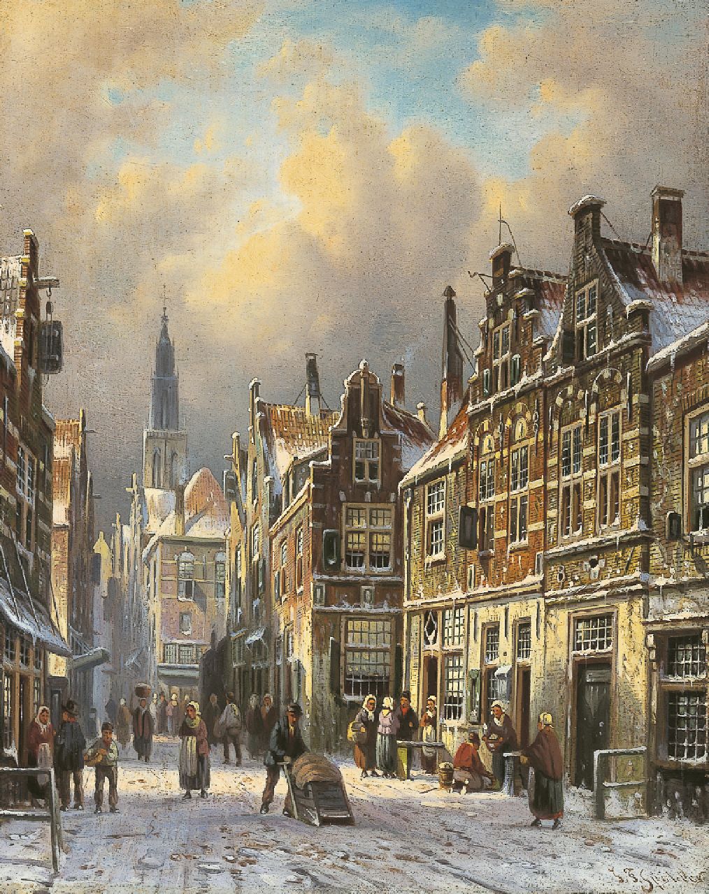 Spohler J.F. | Johannes Franciscus Spohler, Winters straatje in Delft, olieverf op paneel 27,1 x 21,3 cm, gesigneerd rechtsonder Spohler J.F. | Johannes Franciscus Spohler, Winters straatje in Delft, olieverf op paneel 27,1 x 21,3 cm, gesigneerd rechtsonder