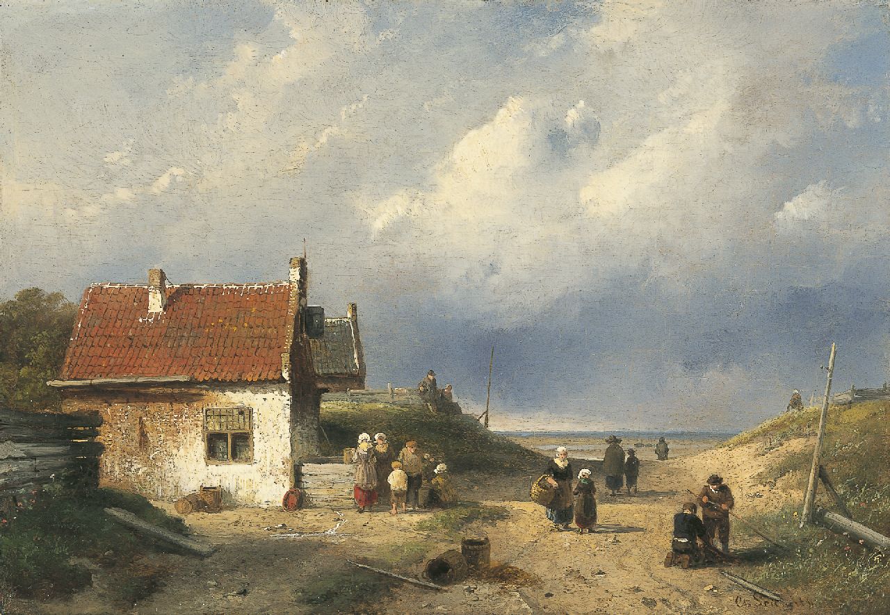 Leickert C.H.J.  | 'Charles' Henri Joseph Leickert, Doorgang naar het strand, Scheveningen, olieverf op paneel 23,8 x 34,5 cm, gesigneerd rechtsonder
