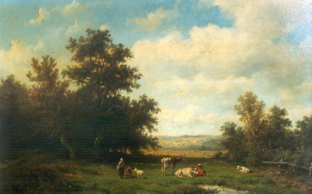 Wijngaerdt A.J. van | Anthonie Jacobus van Wijngaerdt, Bij het vee in de wei, olieverf op paneel 23,2 x 36,0 cm Wijngaerdt A.J. van | Anthonie Jacobus van Wijngaerdt, Bij het vee in de wei, olieverf op paneel 23,2 x 36,0 cm