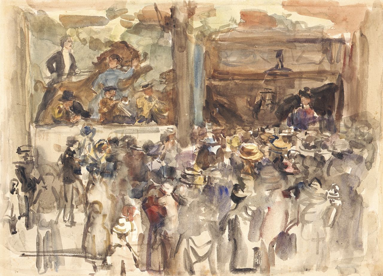 Israels I.L.  | 'Isaac' Lazarus Israels, Muziektent op de kermis, aquarel op papier 44,5 x 61,0 cm, gesigneerd rechtsonder met atelierstempel