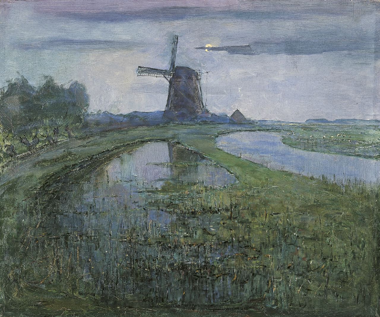 Mondriaan P.C.  | Pieter Cornelis 'Piet' Mondriaan, De Oostzijdse Molen aan het Gein bij maanlicht, olieverf op doek 63,0 x 75,4 cm, gesigneerd linksonder en te dateren 1902-1903