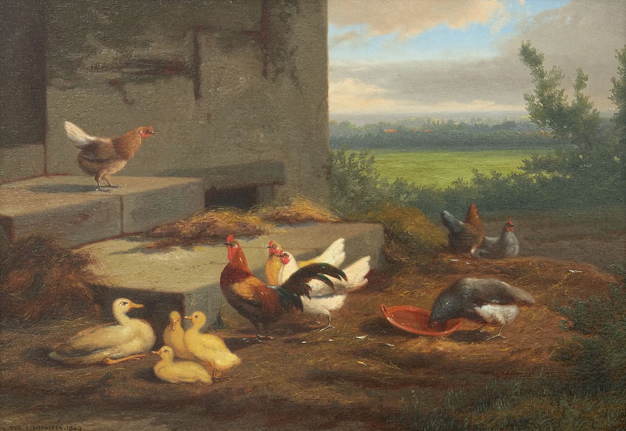 Jean-Baptiste Leopold van Leemputten | Kippen en eenden op een boerenerf, olieverf op paneel, 24,0 x 36,2 cm, gesigneerd l.o. en gedateerd 1869 Jean-Baptiste Leopold van Leemputten | Kippen en eenden op een boerenerf, olieverf op paneel, 24,0 x 36,2 cm, gesigneerd l.o. en gedateerd 1869