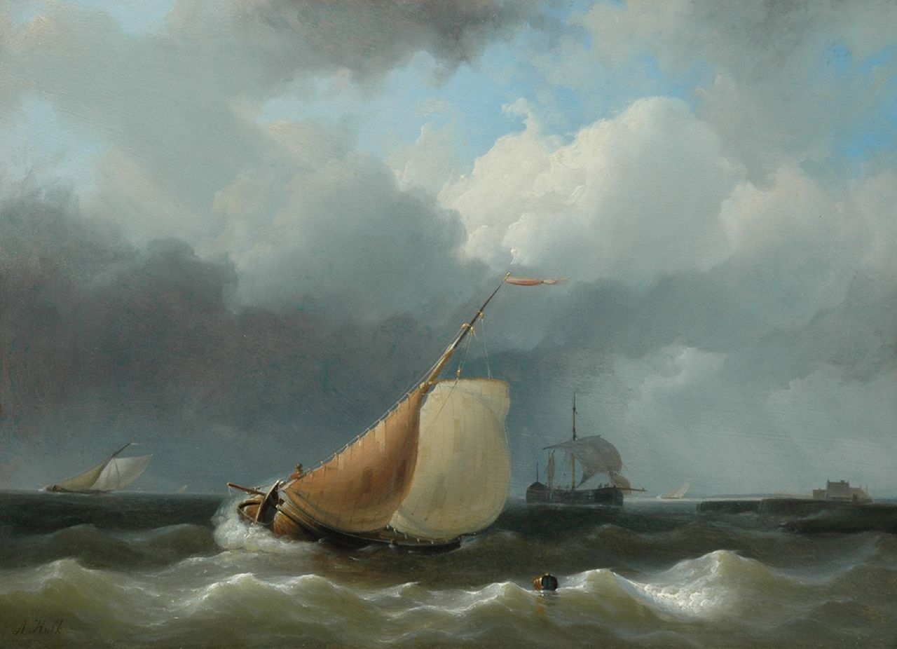 Hulk A.  | Abraham Hulk, Aan de wind zeilende platbodem bij een havenhoofd, olieverf op paneel 29,7 x 40,7 cm, gesigneerd linksonder