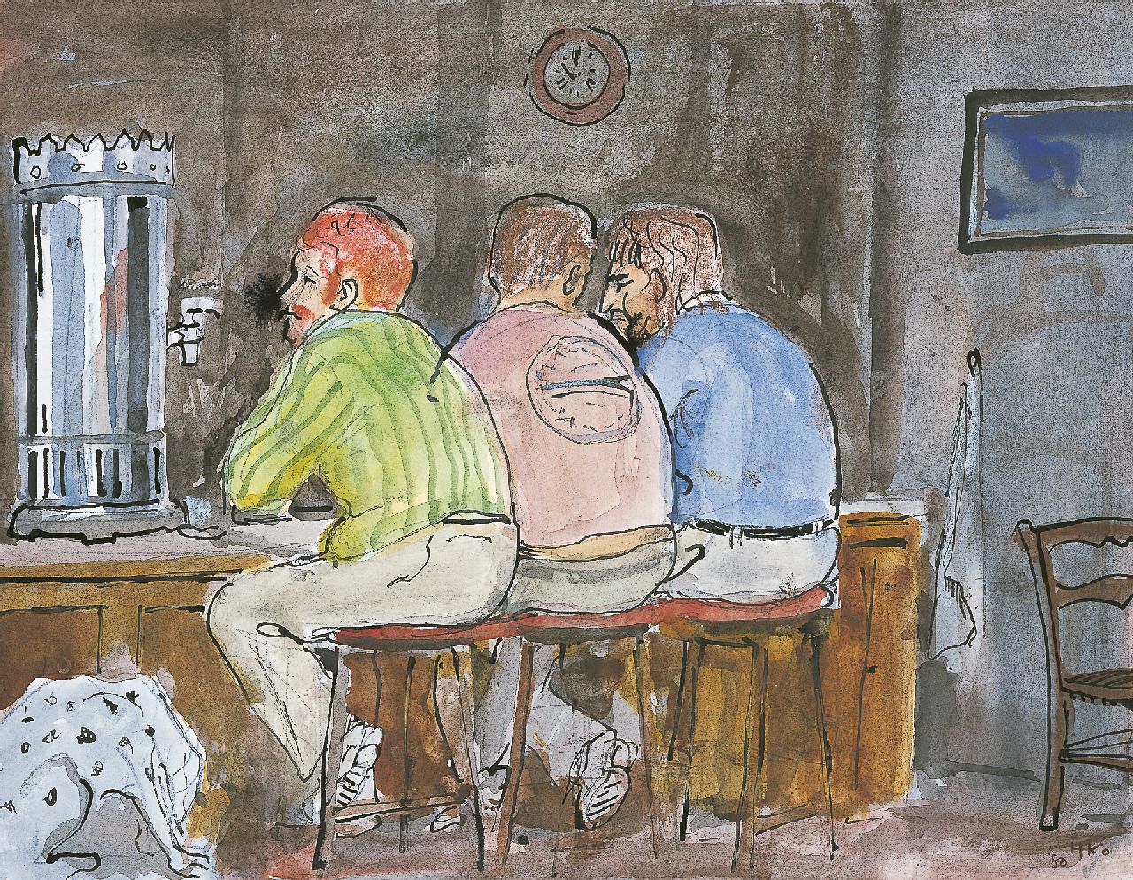 Kamerlingh Onnes H.H. | 'Harm' Henrick Kamerlingh Onnes, Aan de bar, Oost-Indische inkt en aquarel op papier 23,5 x 31,0 cm, gesigneerd rechtsonder met monogram en gedateerd '80 Kamerlingh Onnes H.H. | 'Harm' Henrick Kamerlingh Onnes, Aan de bar, Oost-Indische inkt en aquarel op papier 23,5 x 31,0 cm, gesigneerd rechtsonder met monogram en gedateerd '80