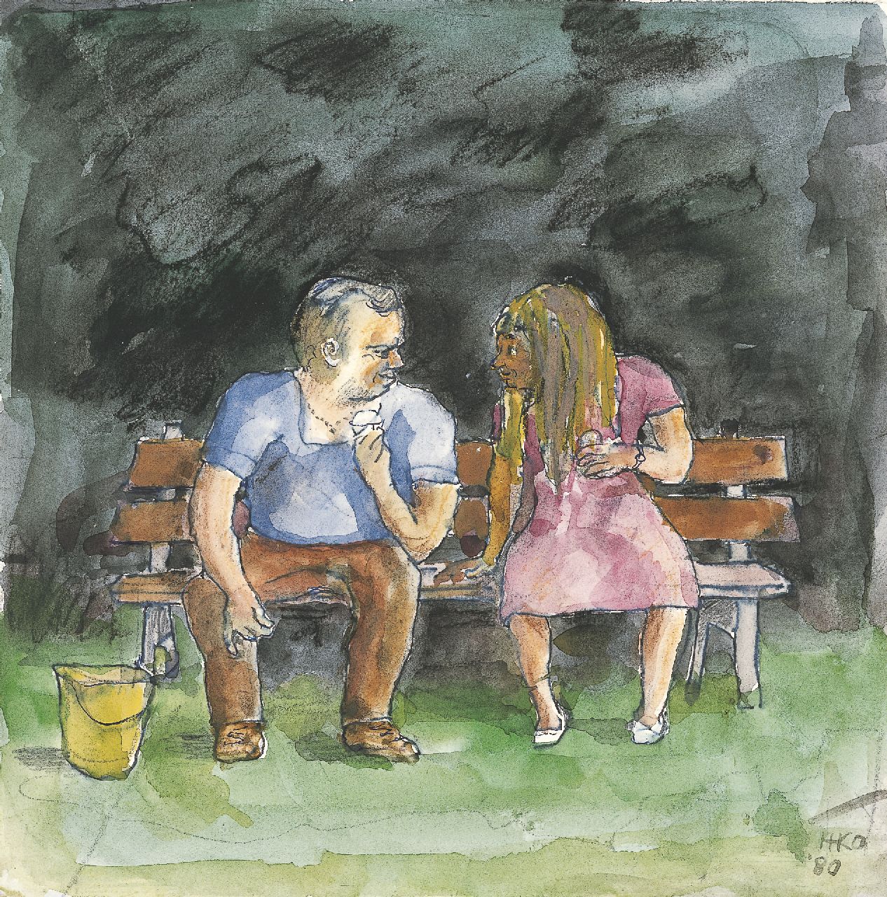 Kamerlingh Onnes H.H. | 'Harm' Henrick Kamerlingh Onnes, Gesprek met ijsje, pen, inkt, krijt en aquarel op papier 20,5 x 20,5 cm, gesigneerd rechtsonder met monogram en gedateerd '80 Kamerlingh Onnes H.H. | 'Harm' Henrick Kamerlingh Onnes, Gesprek met ijsje, pen, inkt, krijt en aquarel op papier 20,5 x 20,5 cm, gesigneerd rechtsonder met monogram en gedateerd '80