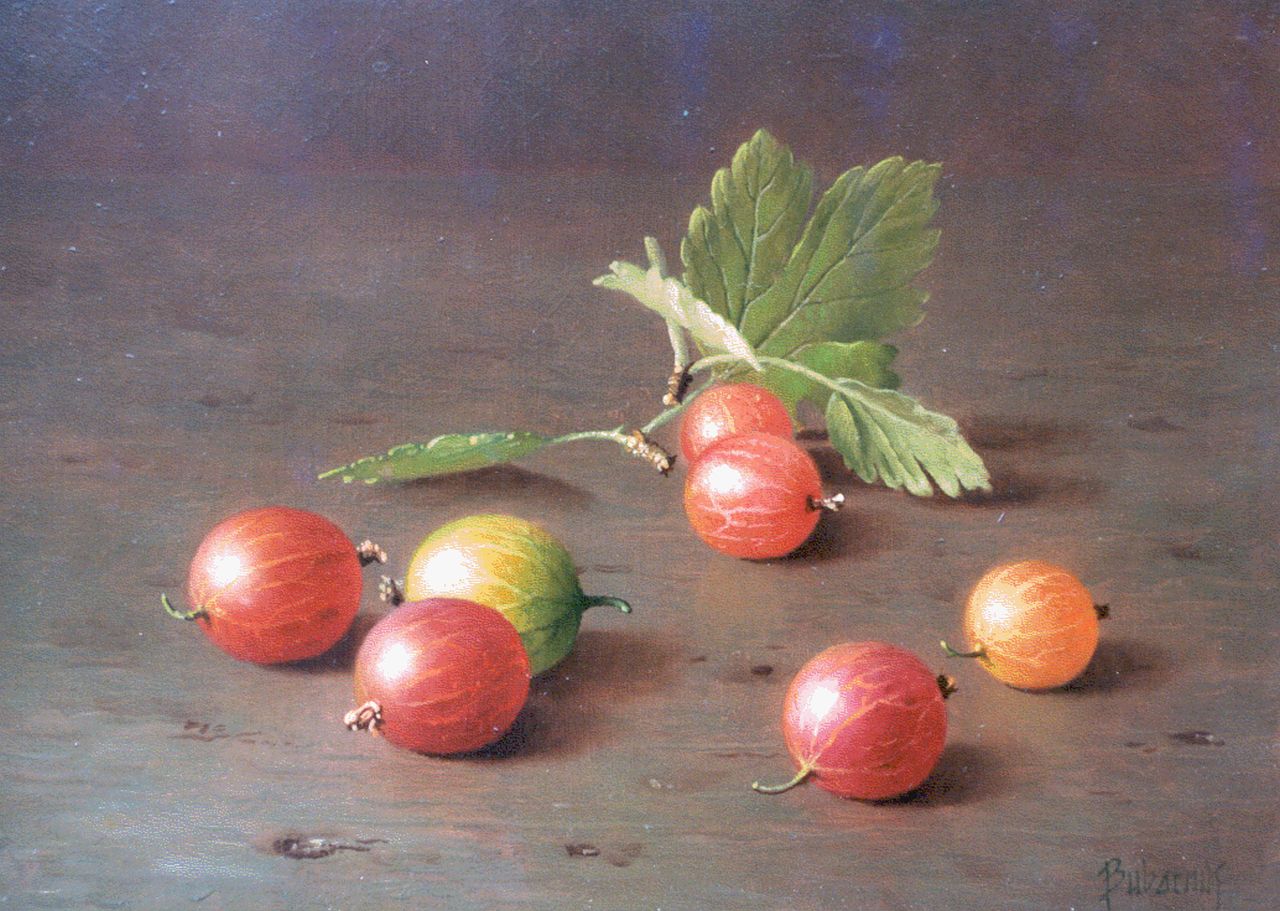 Bubarnik A.G. | Andreas Gyula Bubarnik, Stilleven van kruisbessen, olieverf op paneel 13,0 x 18,0 cm, gesigneerd rechtsonder Bubarnik A.G. | Andreas Gyula Bubarnik, Stilleven van kruisbessen, olieverf op paneel 13,0 x 18,0 cm, gesigneerd rechtsonder
