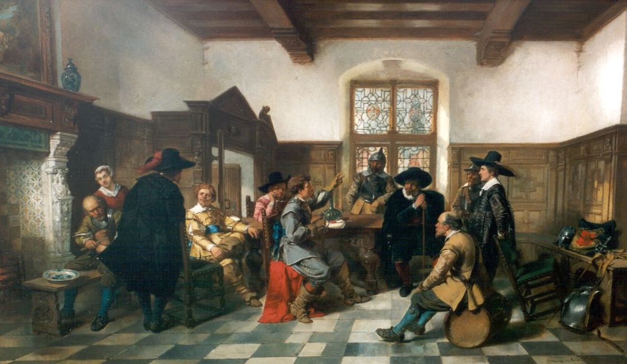Kate H.F.C. ten | 'Herman' Frederik Carel ten Kate, Verhalen vertellen in de herberg, olieverf op paneel 65,5 x 110,3 cm, gesigneerd rechtsonder