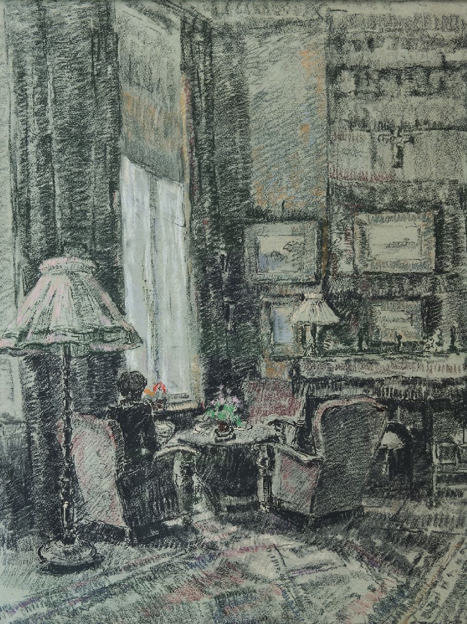 Noltee B.C. | Bernardus Cornelis 'Cor' Noltee | Aquarellen en tekeningen te koop aangeboden | Hoekje bij het raam; woonkamer van de familie Noltee, krijt op papier 65,0 x 50,0 cm, gesigneerd rechtsonder Noltee B.C. | Bernardus Cornelis 'Cor' Noltee | Aquarellen en tekeningen te koop aangeboden | Hoekje bij het raam; woonkamer van de familie Noltee, krijt op papier 65,0 x 50,0 cm, gesigneerd rechtsonder