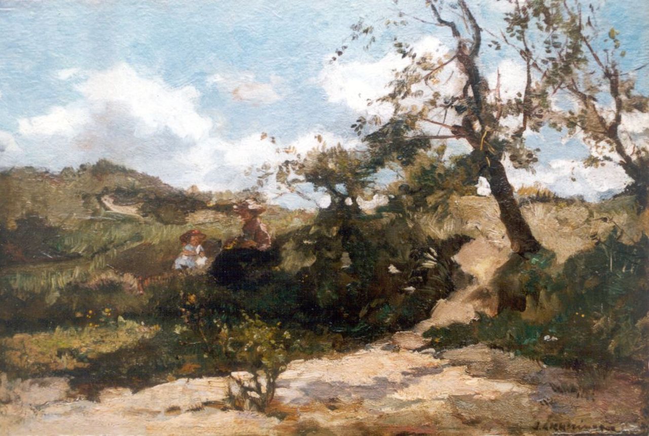 Akkeringa J.E.H. | 'Johannes Evert' Hendrik Akkeringa, Septemberdag in 't duin, olieverf op doek op paneel 28,4 x 41,5 cm, gesigneerd rechtsonder Akkeringa J.E.H. | 'Johannes Evert' Hendrik Akkeringa, Septemberdag in 't duin, olieverf op doek op paneel 28,4 x 41,5 cm, gesigneerd rechtsonder