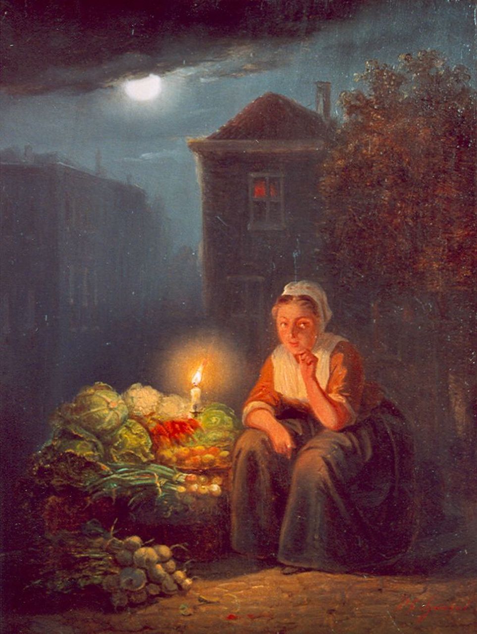 Sjamaar P.G. | Pieter Gerardus Sjamaar, Groenteverkoopster bij kaarslicht, olieverf op paneel 20,9 x 15,6 cm, gesigneerd rechtsonder Sjamaar P.G. | Pieter Gerardus Sjamaar, Groenteverkoopster bij kaarslicht, olieverf op paneel 20,9 x 15,6 cm, gesigneerd rechtsonder