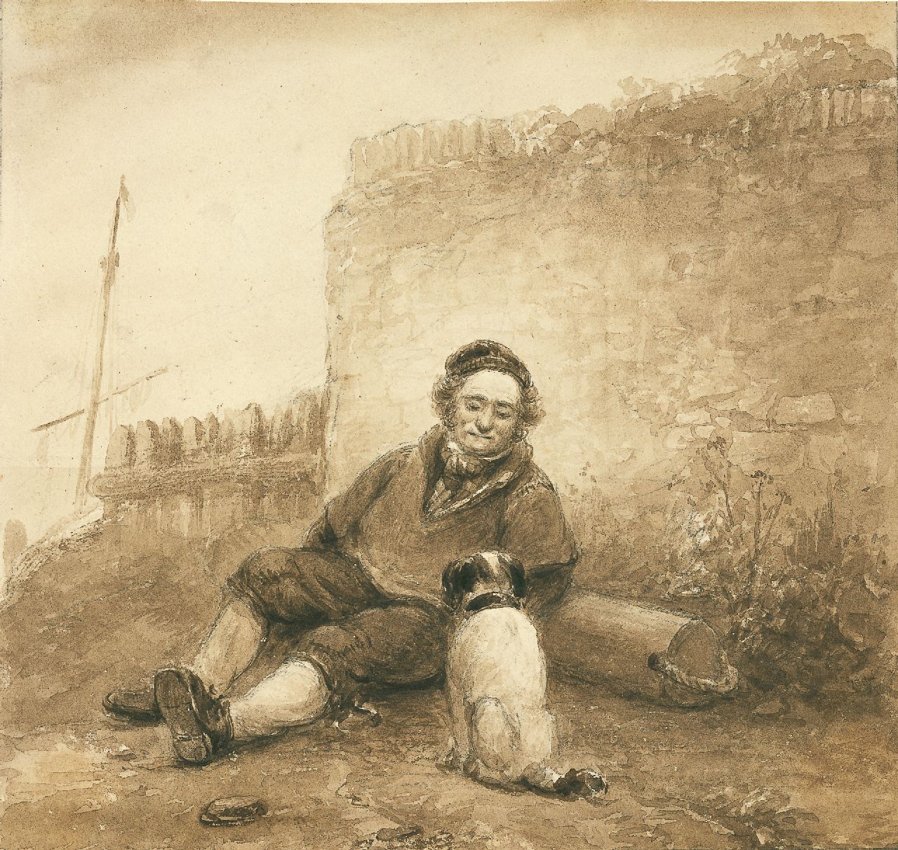 Schelfhout A. | Andreas Schelfhout, Visser met hond, rustend tegen een kademuur, sepia op papier 19,4 x 21,0 cm, gesigneerd verso Schelfhout A. | Andreas Schelfhout, Visser met hond, rustend tegen een kademuur, sepia op papier 19,4 x 21,0 cm, gesigneerd verso