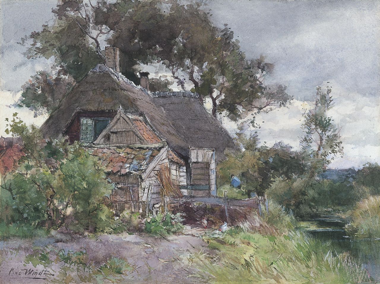 Windt Ch. van der | Christophe 'Chris' van der Windt, Boerderijtje te Reeuwijk, aquarel op papier 29,9 x 40,0 cm, gesigneerd linksonder en gedateerd juli 1929 op het schutkarton