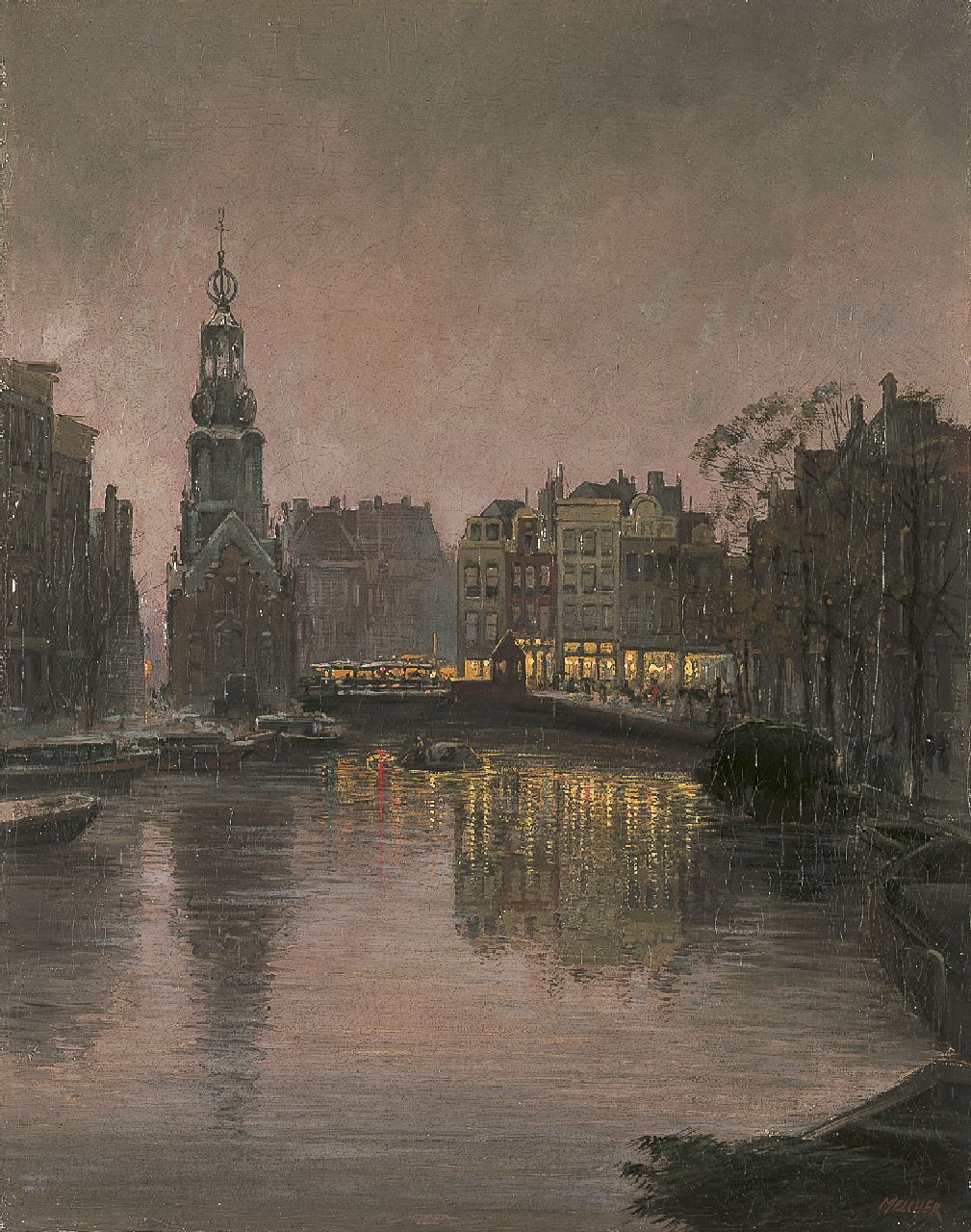 Melcher Tilmes J.H. | Jan Hermanus Melcher Tilmes, Gezicht op het Singel en Muntplein bij avond, Amsterdam, olieverf op doek 56,3 x 44,5 cm, gesigneerd rechtsonder Melcher Tilmes J.H. | Jan Hermanus Melcher Tilmes, Gezicht op het Singel en Muntplein bij avond, Amsterdam, olieverf op doek 56,3 x 44,5 cm, gesigneerd rechtsonder