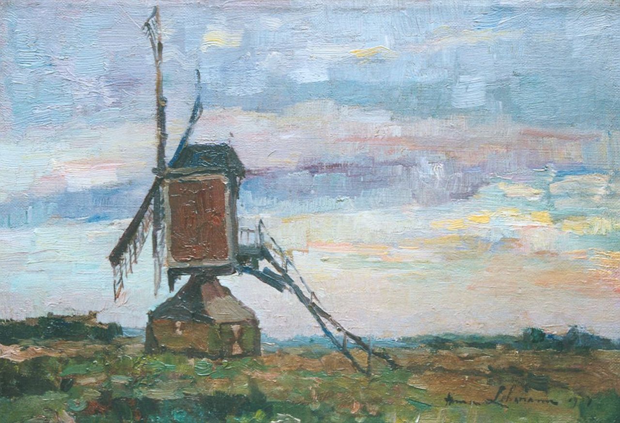Lehmann A.E.F. | 'Anna' Elisabeth Frederika Lehmann, Molen in een landschap bij avondschemering, olieverf op doek 23,5 x 34,3 cm, gesigneerd rechtsonder en gedateerd 1917 Lehmann A.E.F. | 'Anna' Elisabeth Frederika Lehmann, Molen in een landschap bij avondschemering, olieverf op doek 23,5 x 34,3 cm, gesigneerd rechtsonder en gedateerd 1917