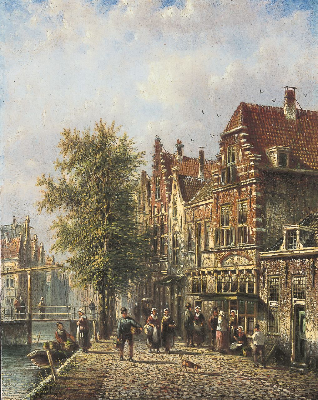 Spohler J.F.  | Johannes Franciscus Spohler, Hollands grachtje met figuren, olieverf op paneel 20,5 x 15,9 cm, gesigneerd rechtsonder