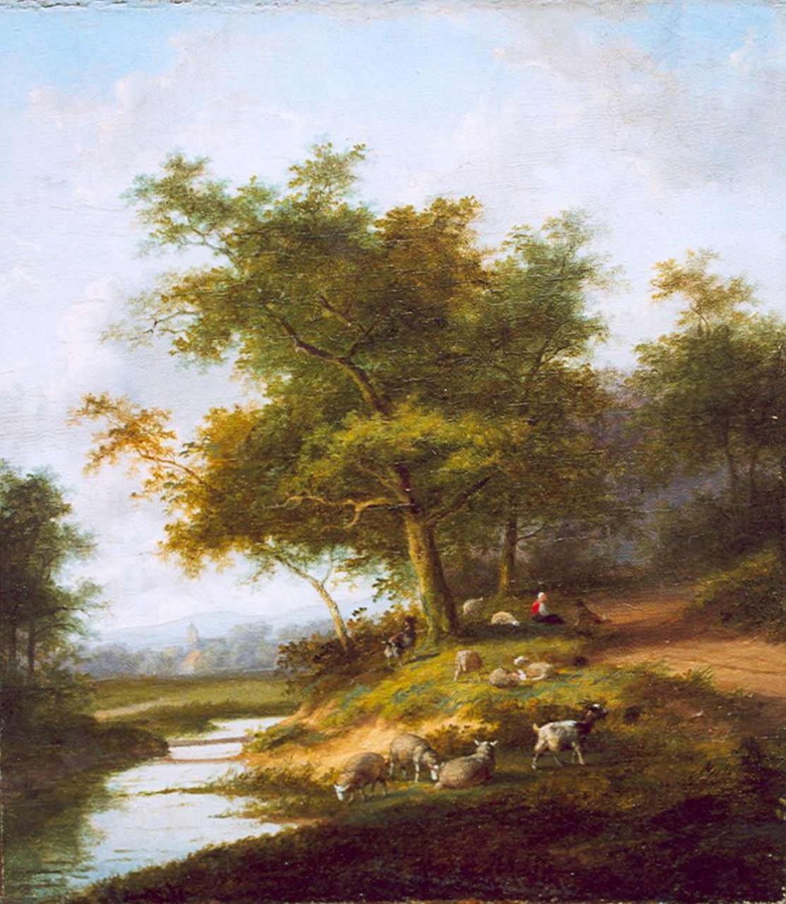 Morel II J.E./Van Severdonck F. | Morel II J.E./Van Severdonck F., Rustend herderinnetje met haar kudde, olieverf op doek 32,7 x 29,0 cm, gesigneerd middenonder Morel II J.E./Van Severdonck F. | Morel II J.E./Van Severdonck F., Rustend herderinnetje met haar kudde, olieverf op doek 32,7 x 29,0 cm, gesigneerd middenonder