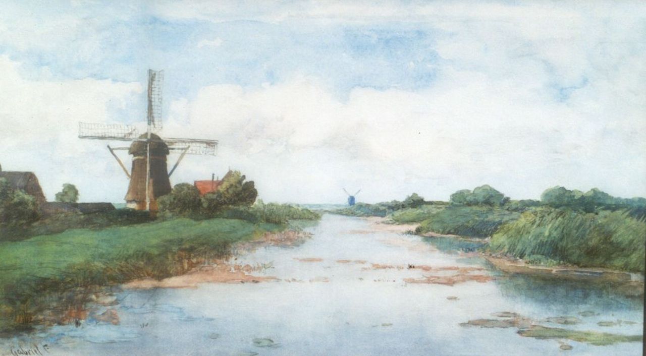 Gabriel P.J.C.  | Paul Joseph Constantin 'Constan(t)' Gabriel, De Proosdijermolen aan de Winkel bij Abcoude, krijt en aquarel op papier 36,5 x 63,5 cm, gesigneerd linksonder