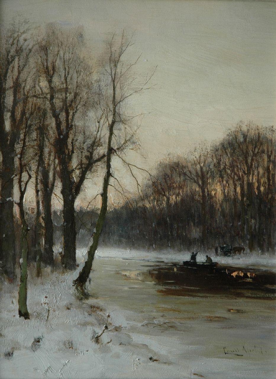 Apol L.F.H. | Lodewijk Franciscus Hendrik 'Louis' Apol, Langs een vaart bij zonsondergang, olieverf op paneel 30,9 x 23,5 cm, gesigneerd rechtsonder Apol L.F.H. | Lodewijk Franciscus Hendrik 'Louis' Apol, Langs een vaart bij zonsondergang, olieverf op paneel 30,9 x 23,5 cm, gesigneerd rechtsonder