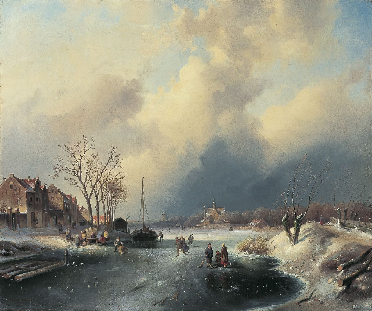Leickert C.H.J. | 'Charles' Henri Joseph Leickert, Figuren op het ijs aan de rand van een Hollands stadje, olieverf op doek 59,7 x 71,4 cm, gesigneerd linksonder Leickert C.H.J. | 'Charles' Henri Joseph Leickert, Figuren op het ijs aan de rand van een Hollands stadje, olieverf op doek 59,7 x 71,4 cm, gesigneerd linksonder