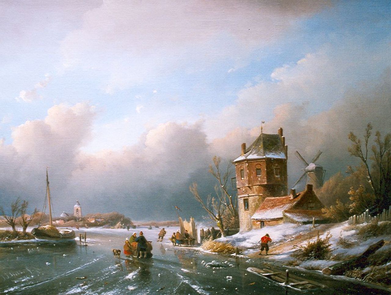 Spohler J.J.  | Jan Jacob Spohler, Figuren op het ijs bij een koek-en-zopie, olieverf op doek 52,2 x 69,6 cm, gesigneerd linksonder