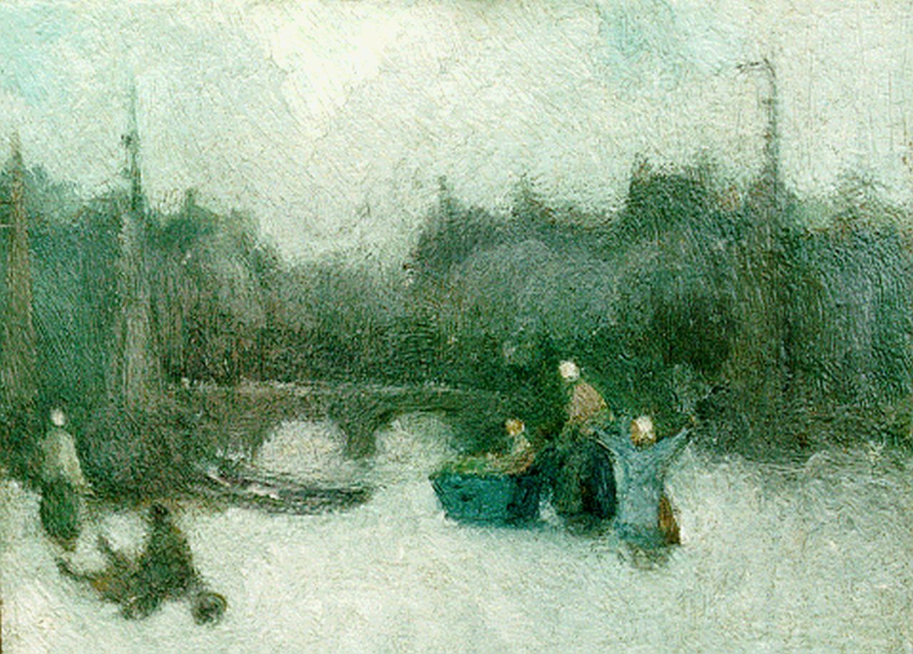 Daalhoff H.A. van | Hermanus Antonius 'Henri' van Daalhoff, IJsvertier op bevroren gracht, olieverf op paneel 13,0 x 18,0 cm, gesigneerd rechtsonder Daalhoff H.A. van | Hermanus Antonius 'Henri' van Daalhoff, IJsvertier op bevroren gracht, olieverf op paneel 13,0 x 18,0 cm, gesigneerd rechtsonder